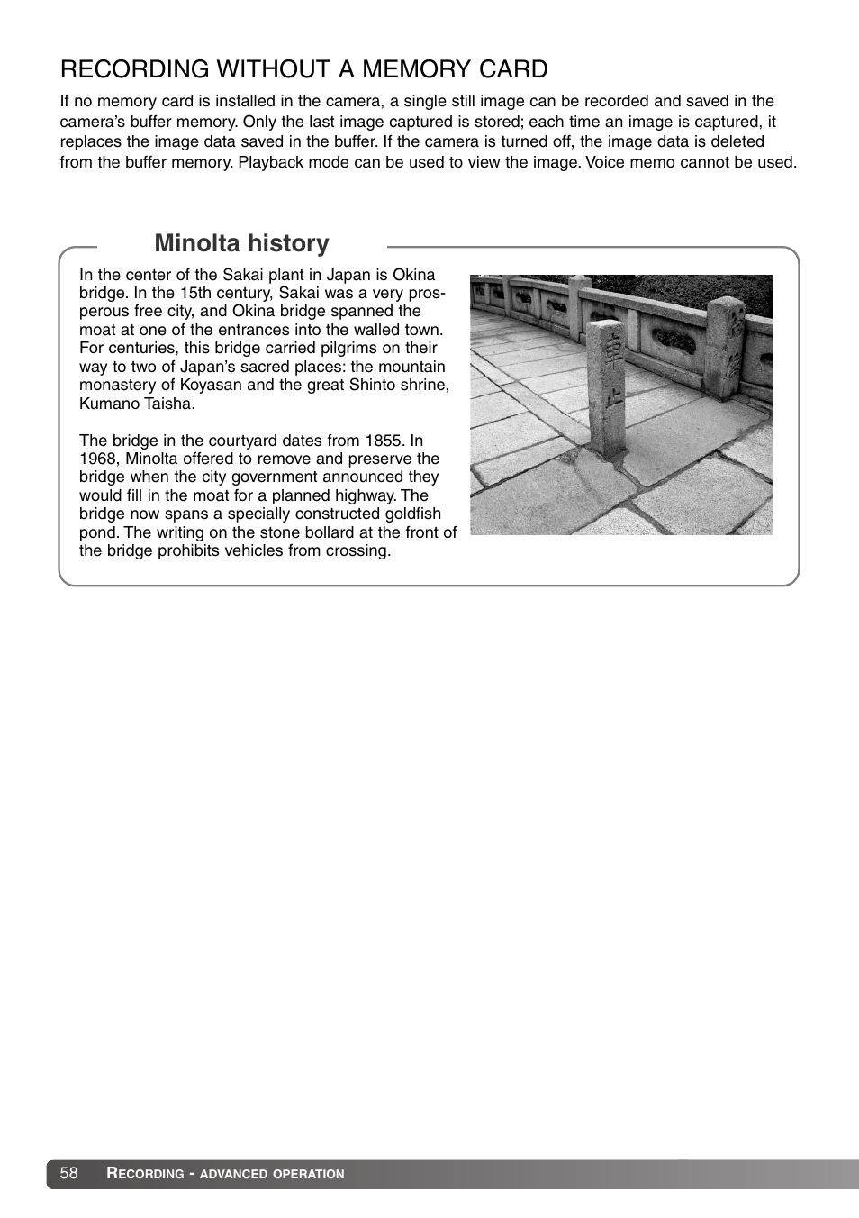 Recording without a memory card, Minolta history | Konica Minolta Dimage X20 User Manual | Page 58 / 116