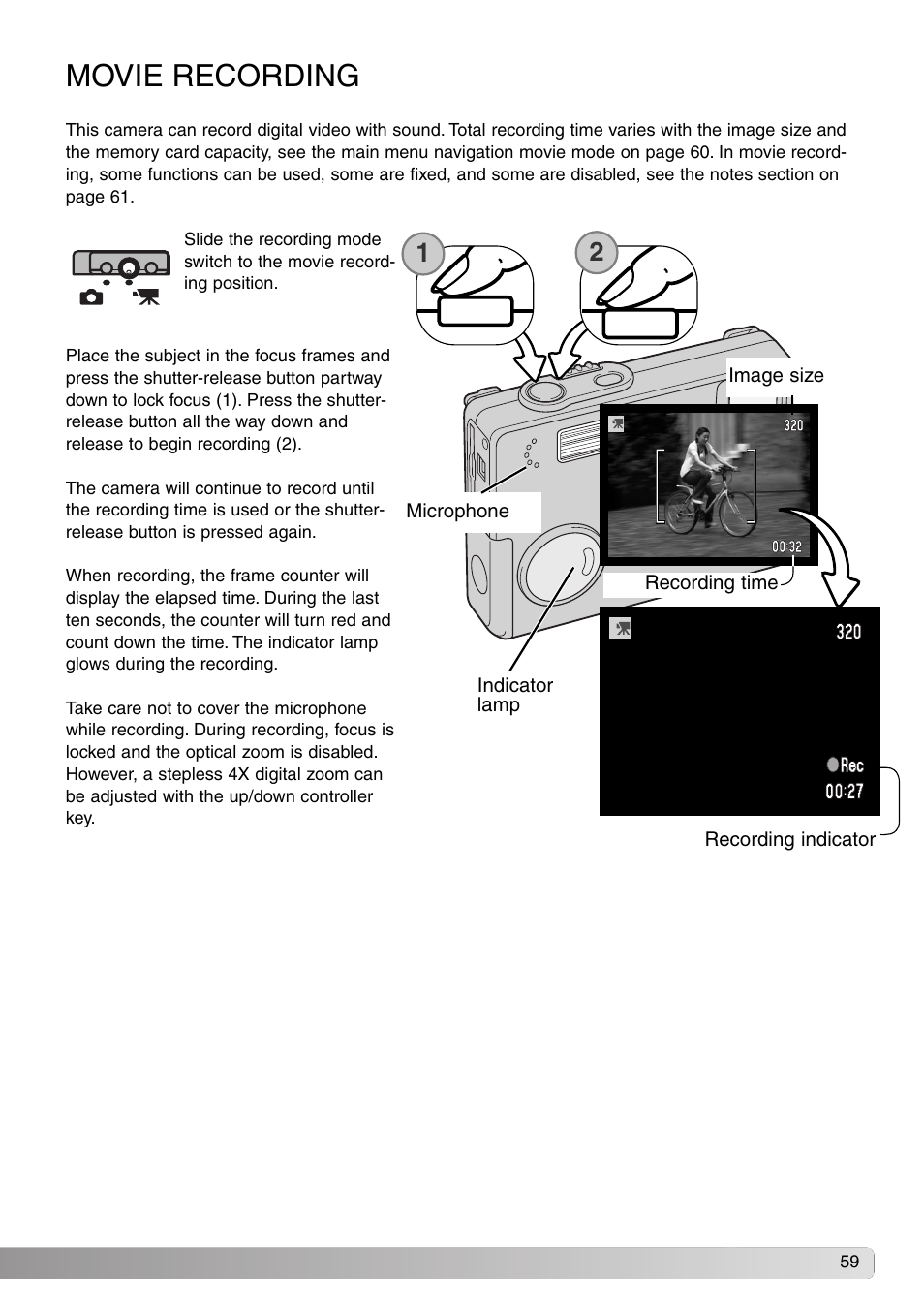 Movie recording | Konica Minolta Dimage X20 User Manual | Page 59 / 116