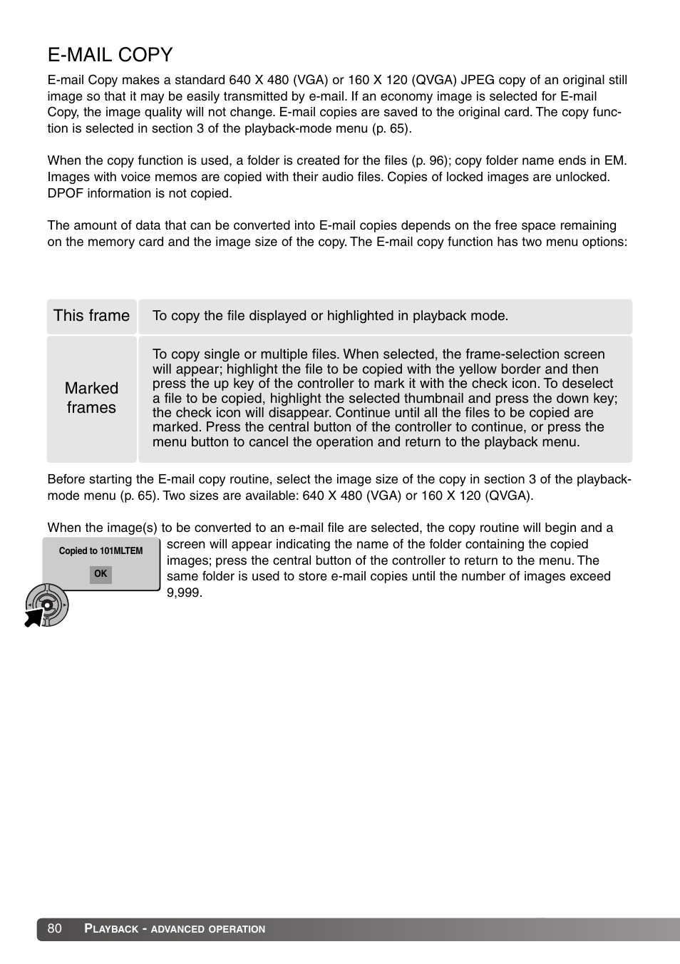 E-mail copy, This frame marked frames | Konica Minolta Dimage X20 User Manual | Page 80 / 116