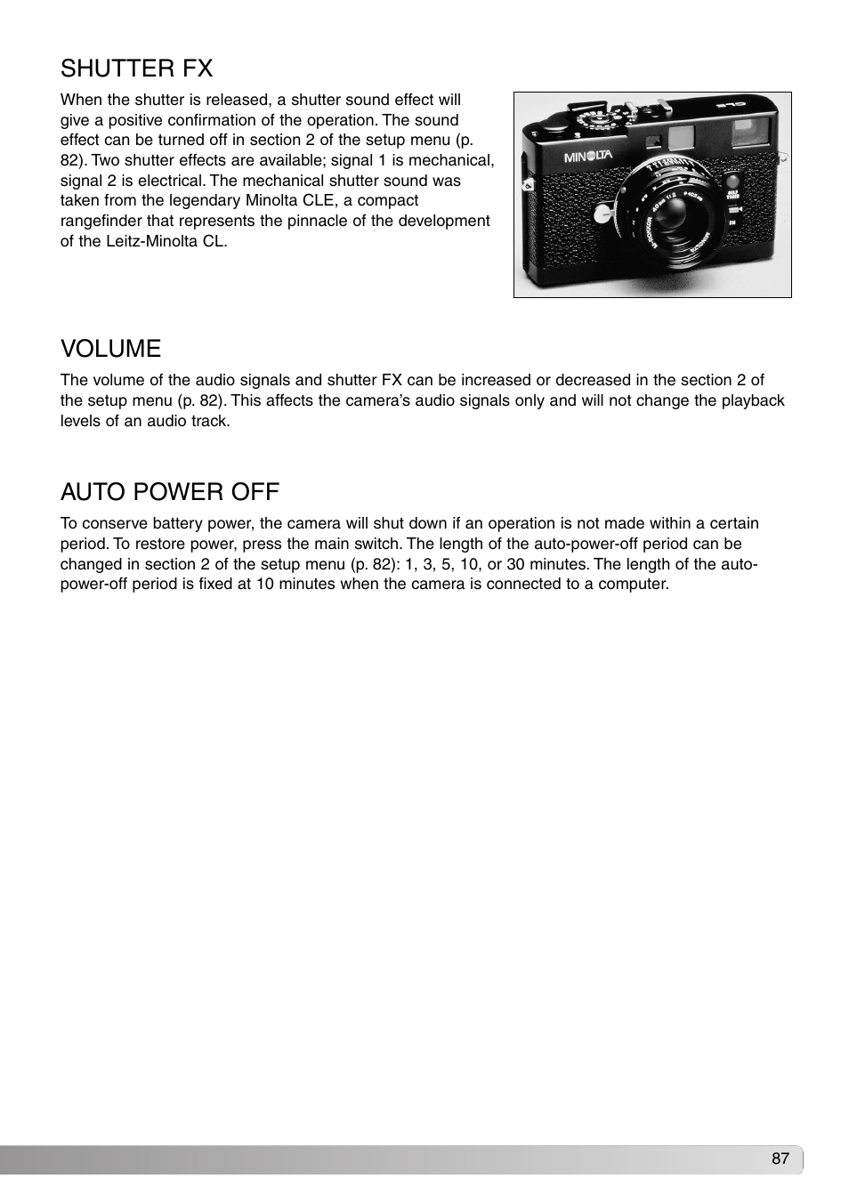 Shutter fx volume auto power off, Volume, Auto power off | Shutter fx | Konica Minolta Dimage X20 User Manual | Page 87 / 116