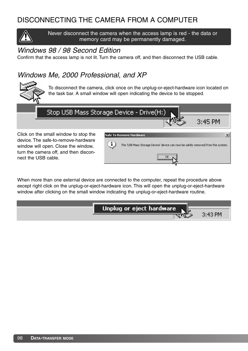 Disconnecting the camera from the computer, Windows 98 / 98 second edition | Konica Minolta Dimage X20 User Manual | Page 98 / 116