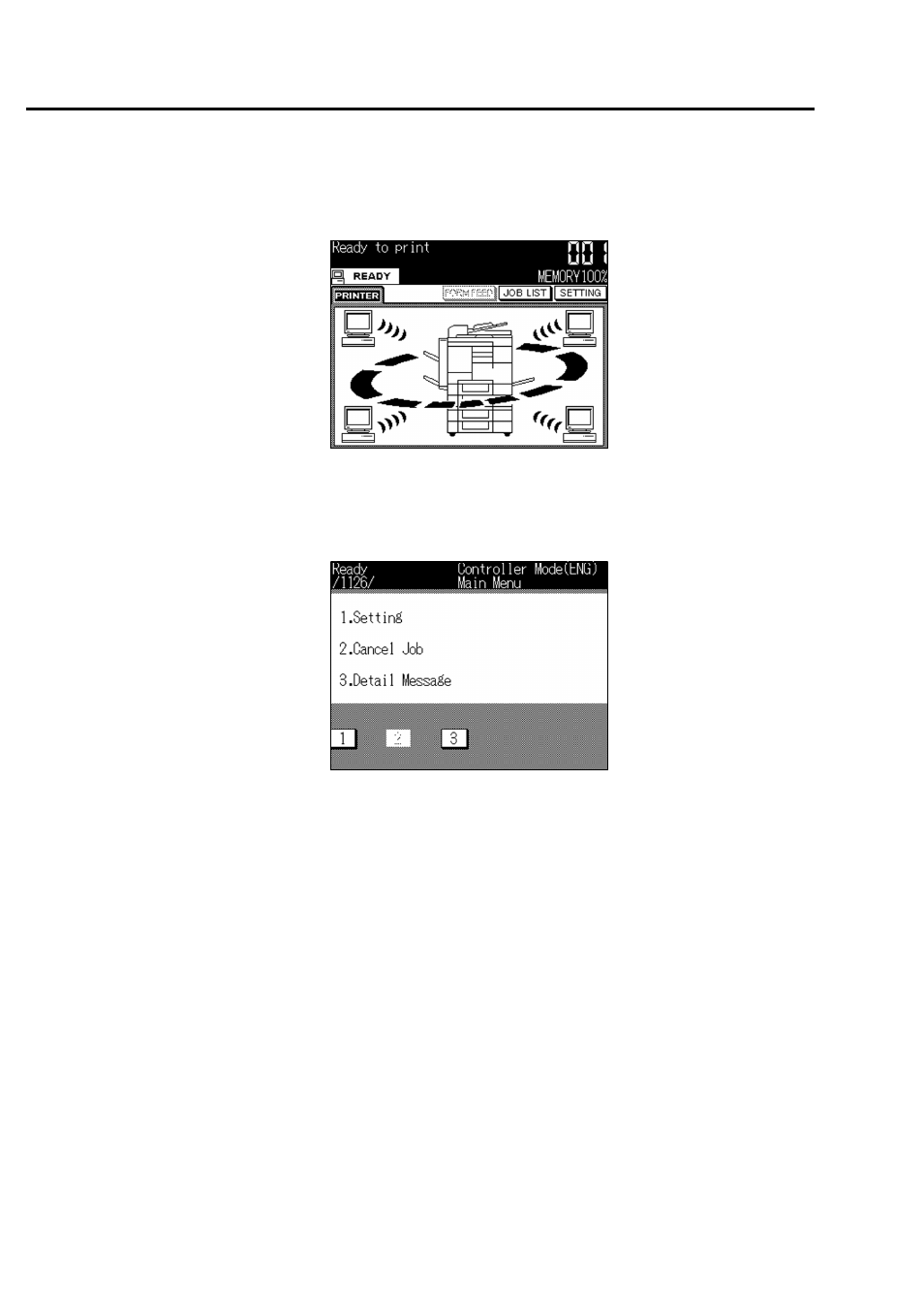 Printer mode basic screen, Printer menu screen | Konica Minolta IP-011 User Manual | Page 68 / 102