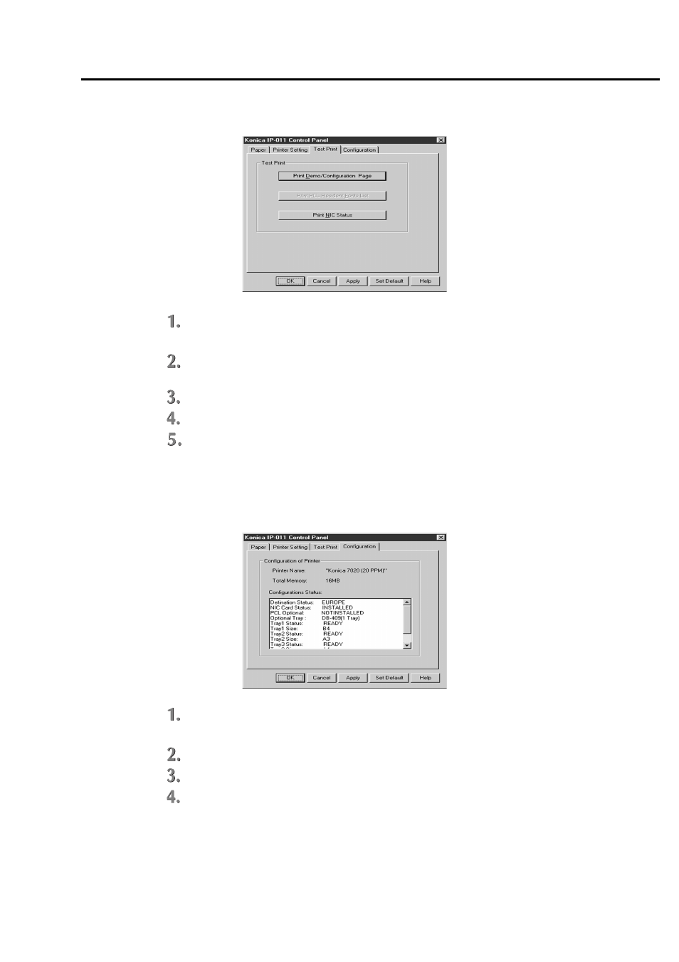 Test print, Confirmation of configurations, Chapter 5 status monitor and control panel | Konica Minolta IP-011 User Manual | Page 89 / 102