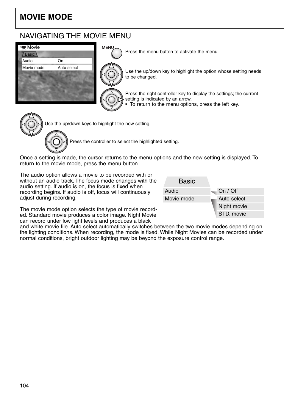 Navigating the movie menu, Movie mode, Basic | Konica Minolta DiMAGE 7i User Manual | Page 104 / 164