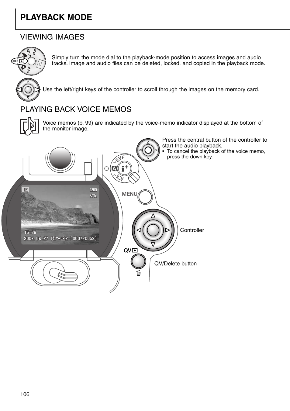 Viewing images playing back voice memos, Playback mode | Konica Minolta DiMAGE 7i User Manual | Page 106 / 164