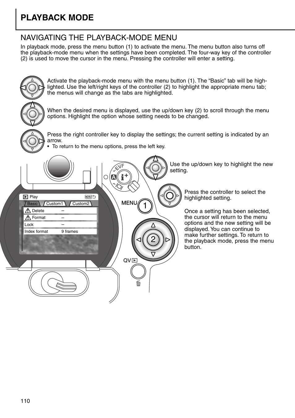 Navigating the playback-mode menu, Playback mode | Konica Minolta DiMAGE 7i User Manual | Page 110 / 164