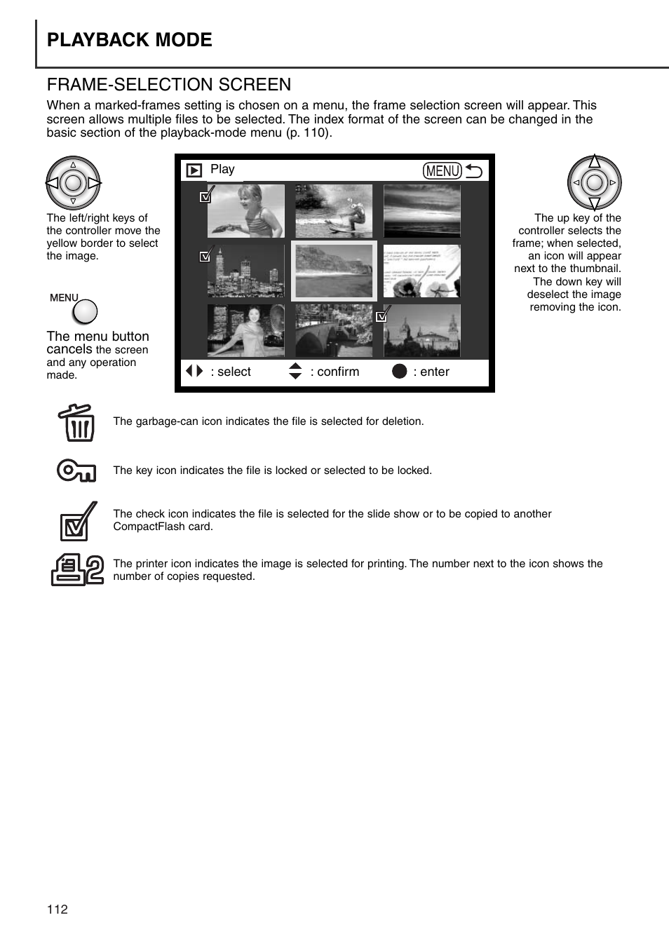 Frame selection screen, Playback mode, Frame-selection screen | Konica Minolta DiMAGE 7i User Manual | Page 112 / 164