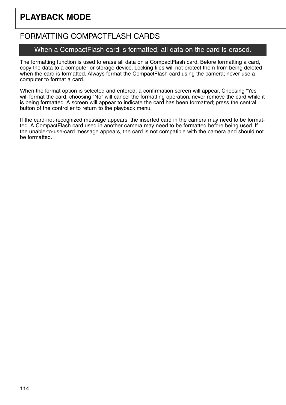 Formatting compactflash cards, Playback mode | Konica Minolta DiMAGE 7i User Manual | Page 114 / 164