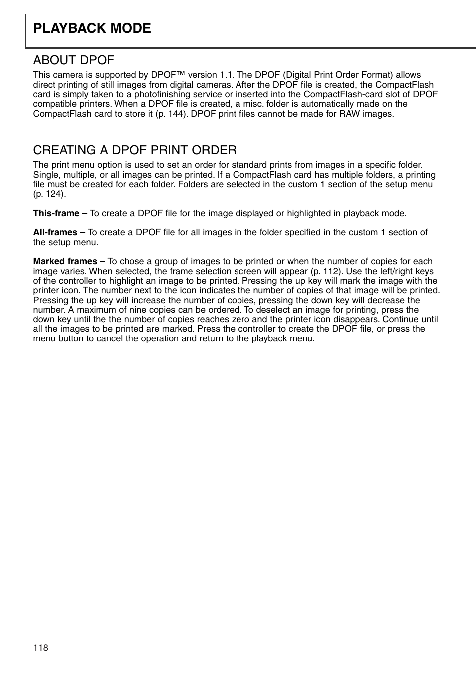 About dpof creating a dpof print order, Playback mode, About dpof | Creating a dpof print order | Konica Minolta DiMAGE 7i User Manual | Page 118 / 164