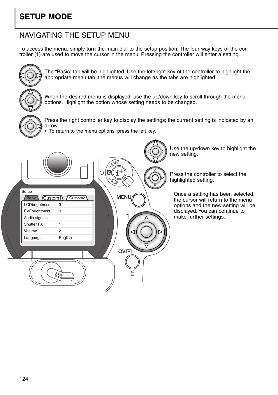 Navigating the setup menu, Setup mode | Konica Minolta DiMAGE 7i User Manual | Page 124 / 164