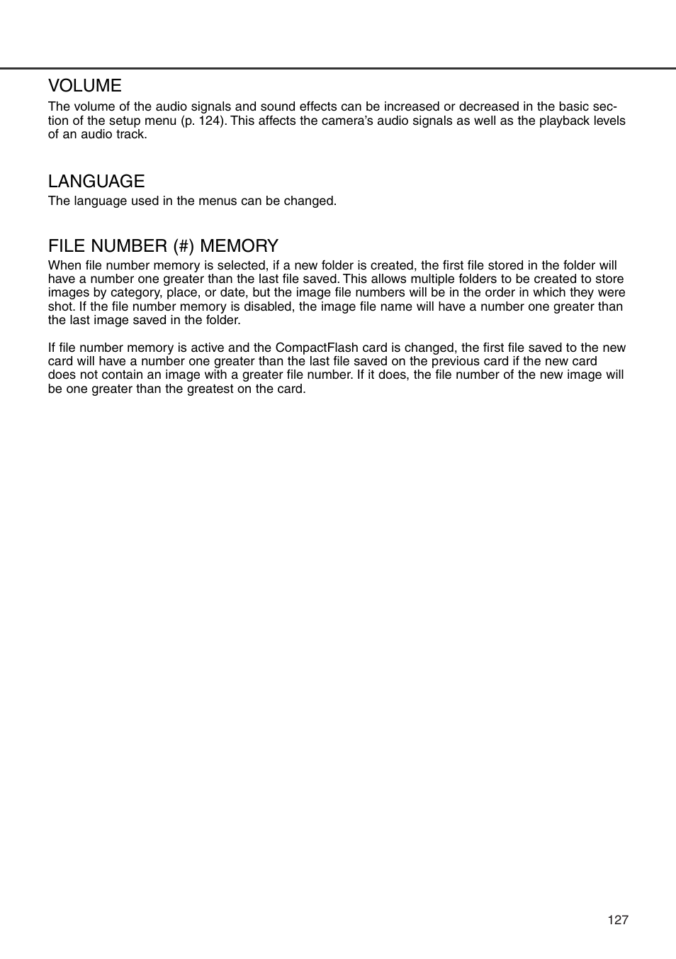 Volume language file number memory, Volume, Language | Konica Minolta DiMAGE 7i User Manual | Page 127 / 164