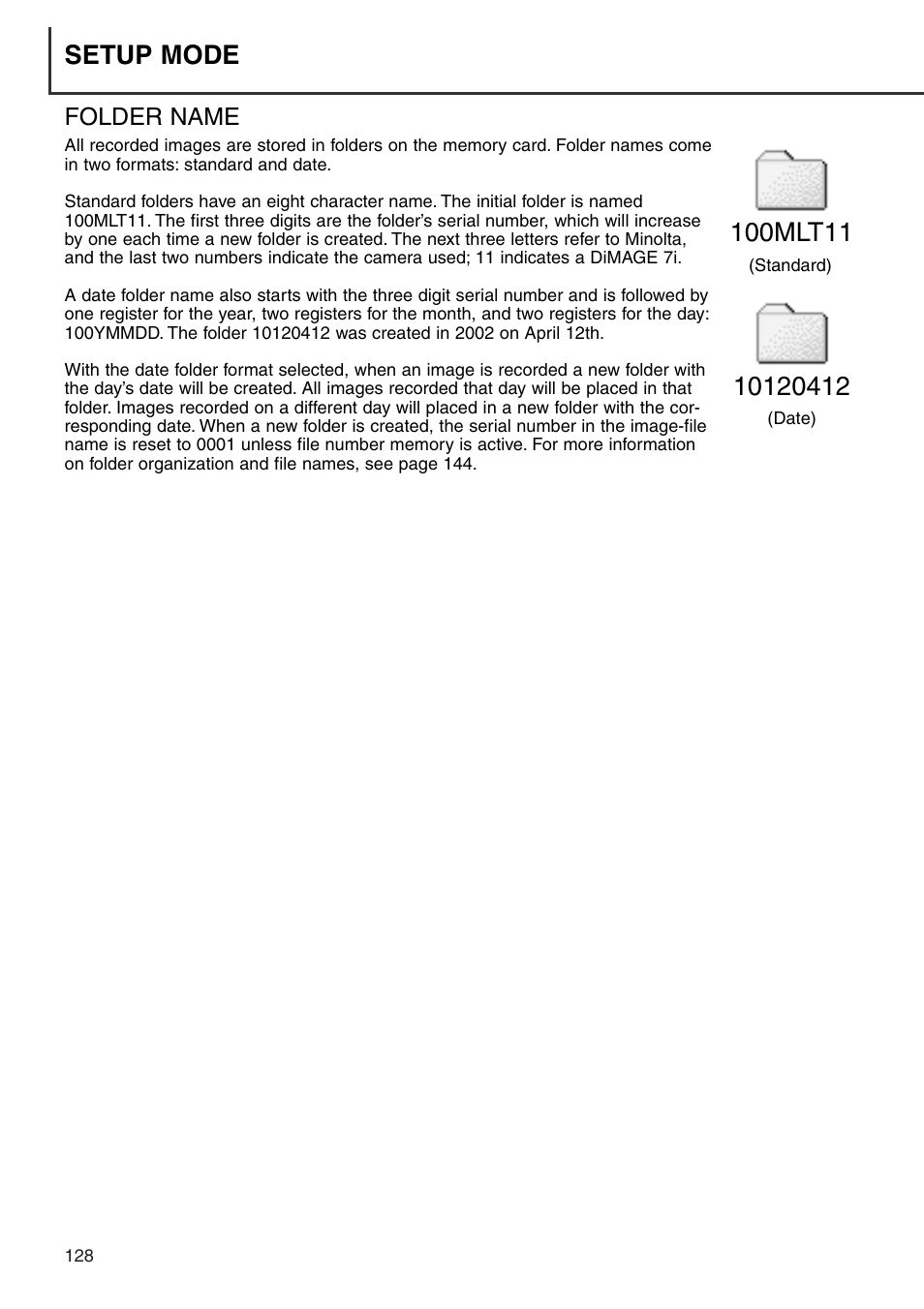 Folder name, Setup mode | Konica Minolta DiMAGE 7i User Manual | Page 128 / 164