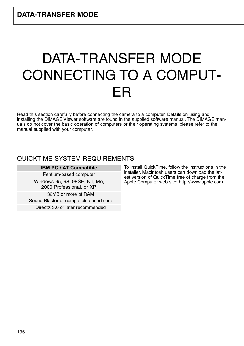 Data-transfer mode, Quicktime system requirements, Data-transfer mode connecting to a comput- er | Konica Minolta DiMAGE 7i User Manual | Page 136 / 164