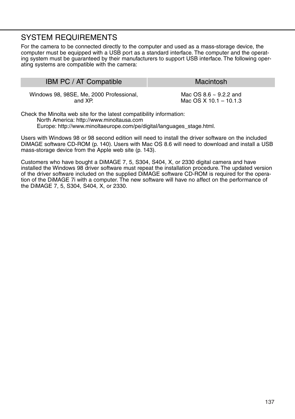 System requirements | Konica Minolta DiMAGE 7i User Manual | Page 137 / 164