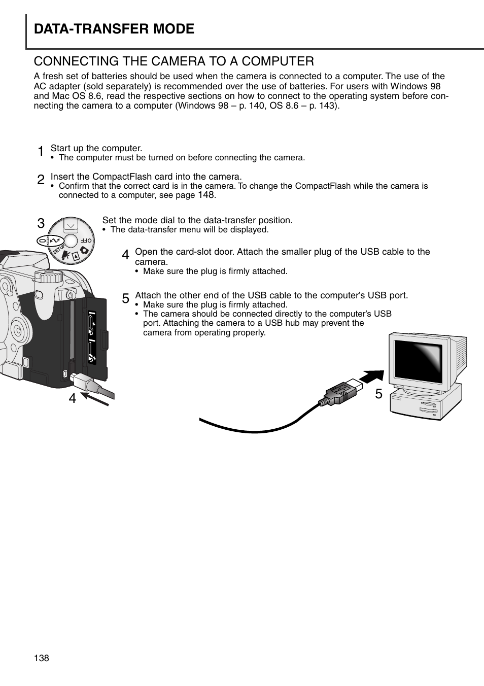 Connecting the camera to a computer, Data-transfer mode | Konica Minolta DiMAGE 7i User Manual | Page 138 / 164