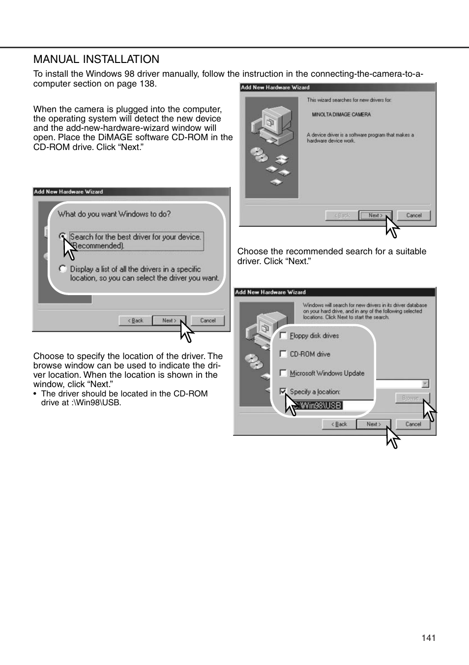 Manual installation | Konica Minolta DiMAGE 7i User Manual | Page 141 / 164