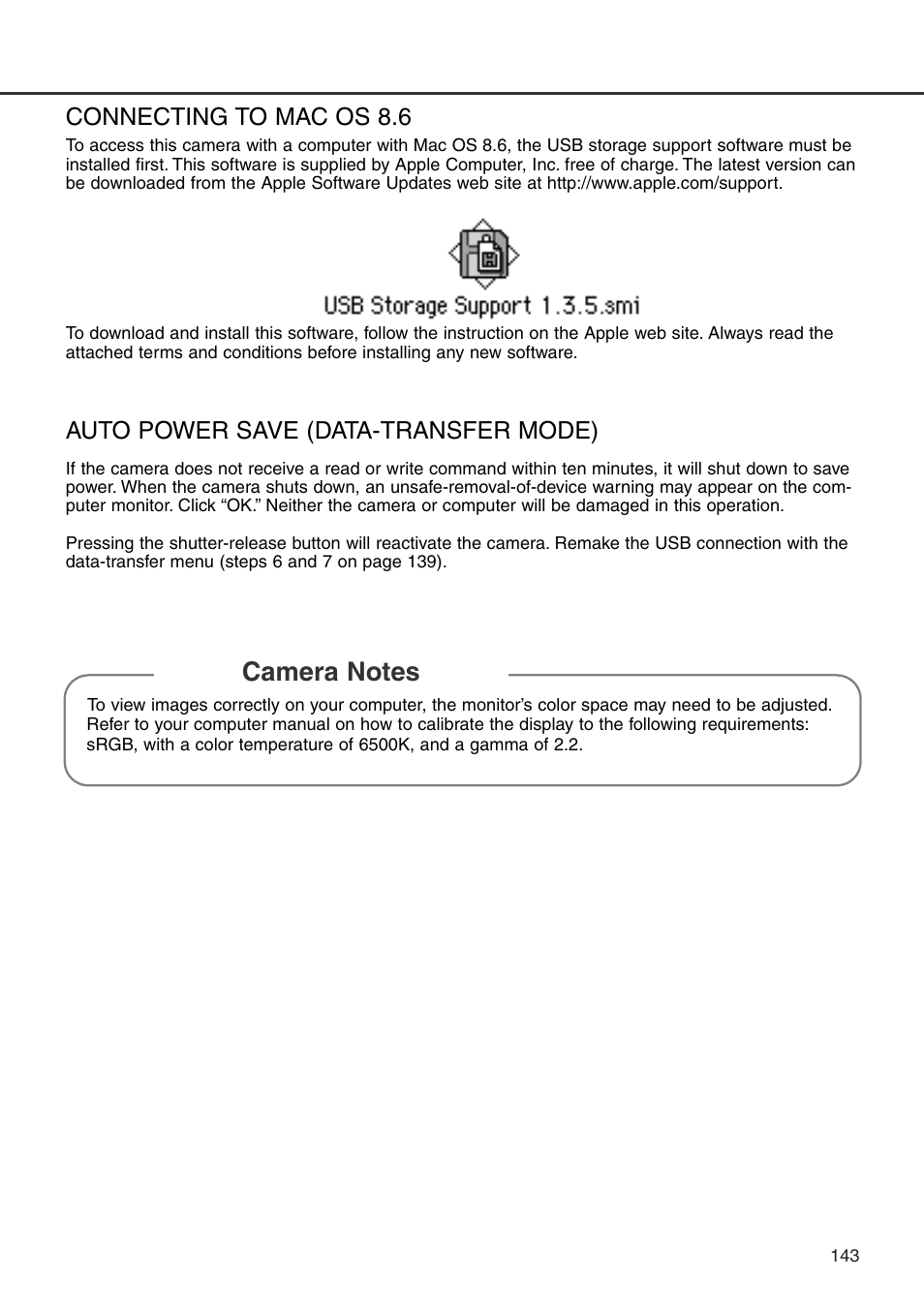 Connecting to mac os 8.6, Auto power save (data-transfer mode) | Konica Minolta DiMAGE 7i User Manual | Page 143 / 164