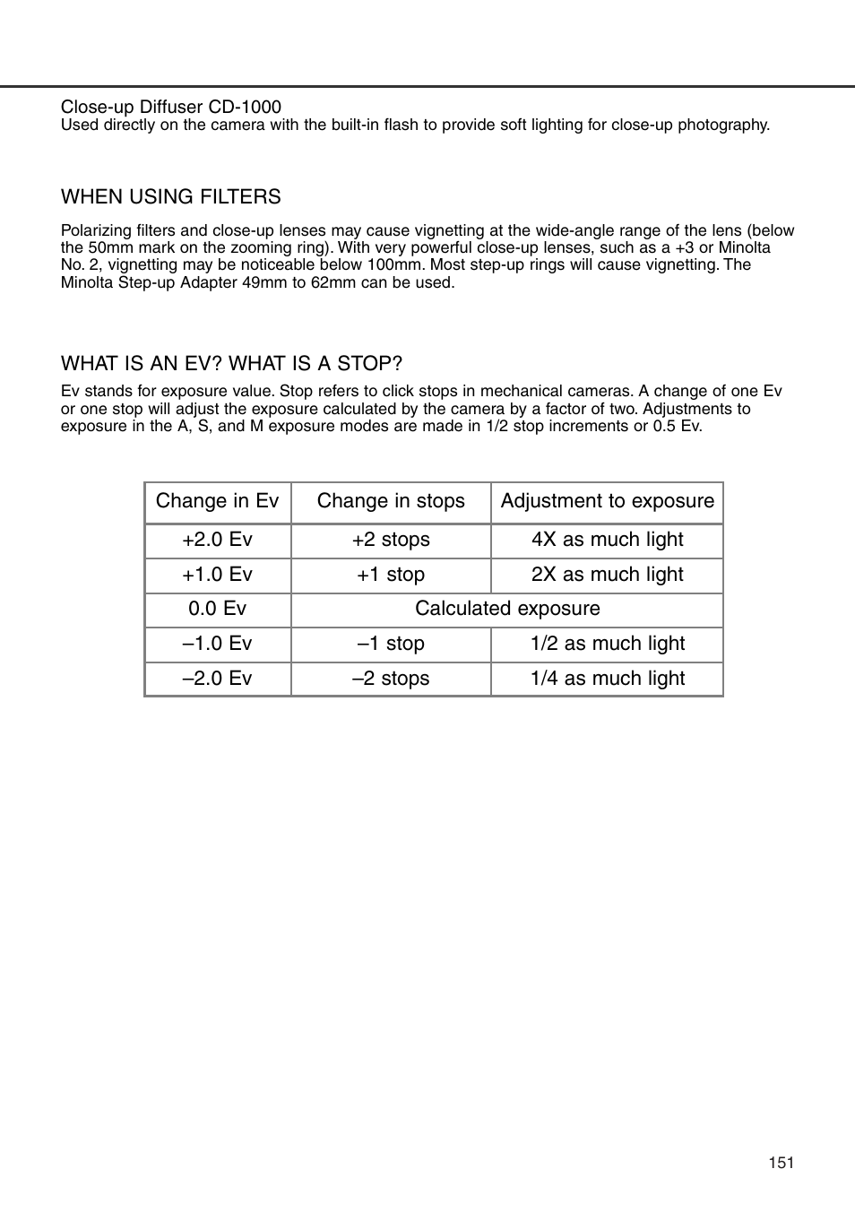 When using filters what is an ev? what is a stop | Konica Minolta DiMAGE 7i User Manual | Page 151 / 164