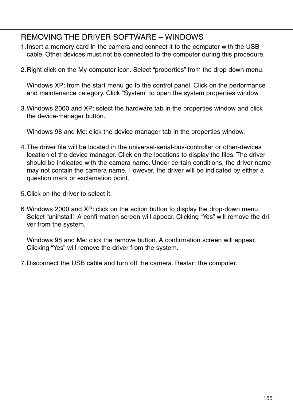 Removing the driver software – windows | Konica Minolta DiMAGE 7i User Manual | Page 155 / 164