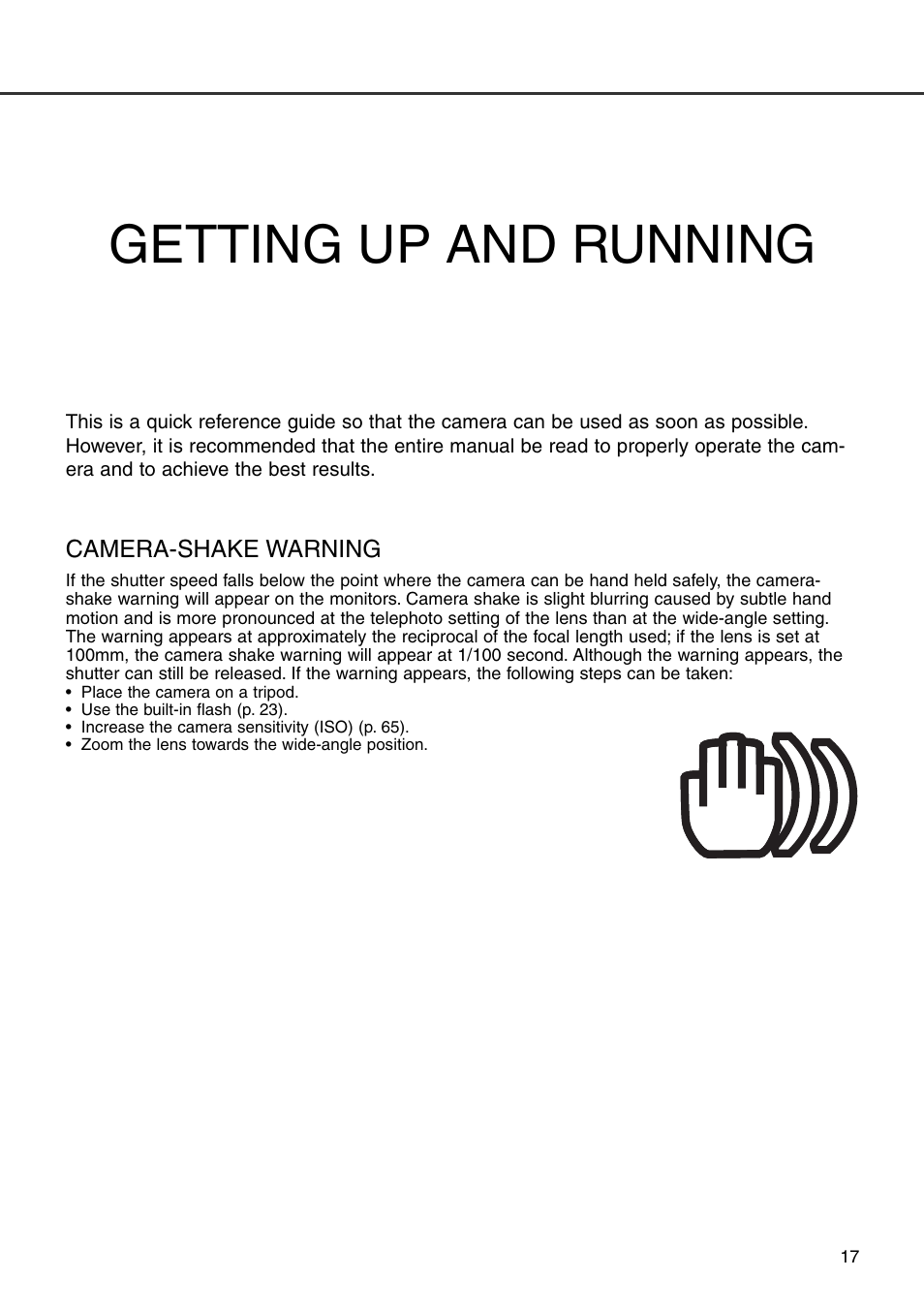 Getting up and running, Camera-shake warning | Konica Minolta DiMAGE 7i User Manual | Page 17 / 164