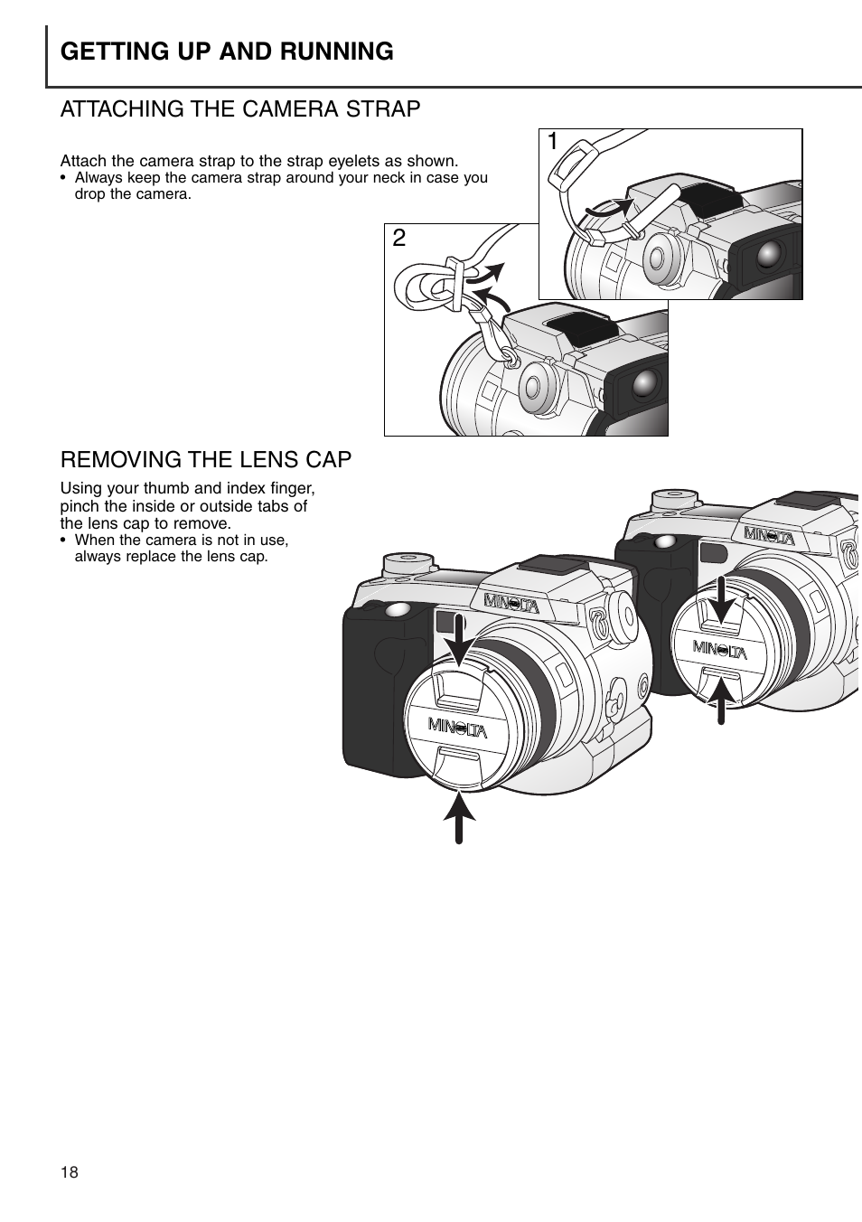 Attaching the camera strap removing the lens cap, Getting up and running | Konica Minolta DiMAGE 7i User Manual | Page 18 / 164