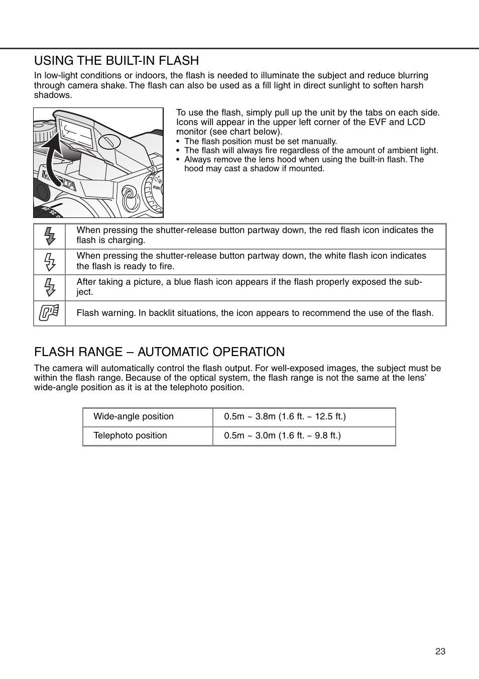 Using the built-in flash, Flash range – automatic operation | Konica Minolta DiMAGE 7i User Manual | Page 23 / 164