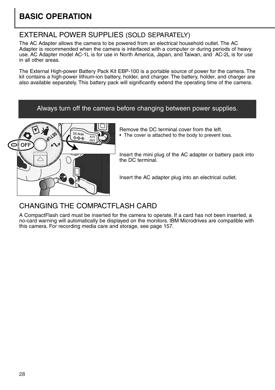 Basic operation, External power supplies, Changing the compactflash card | Konica Minolta DiMAGE 7i User Manual | Page 28 / 164