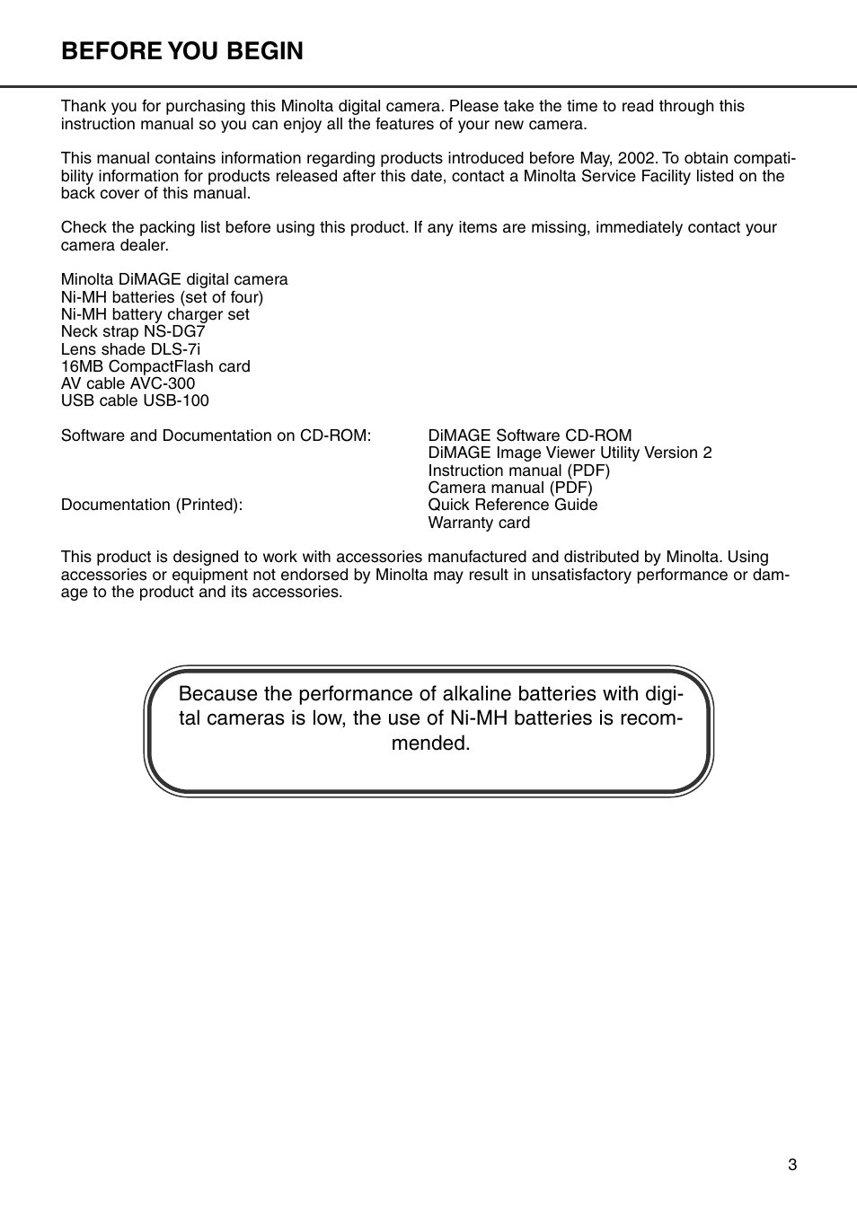 Before you begin | Konica Minolta DiMAGE 7i User Manual | Page 3 / 164