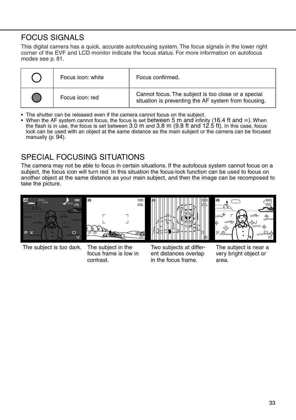 Focus signals special focusing situations | Konica Minolta DiMAGE 7i User Manual | Page 33 / 164