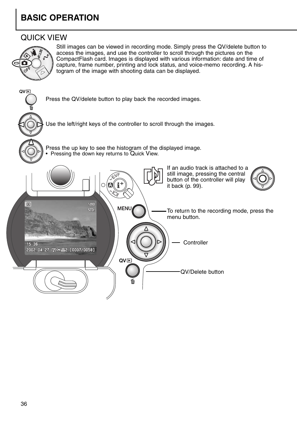 Quick view, Basic operation | Konica Minolta DiMAGE 7i User Manual | Page 36 / 164