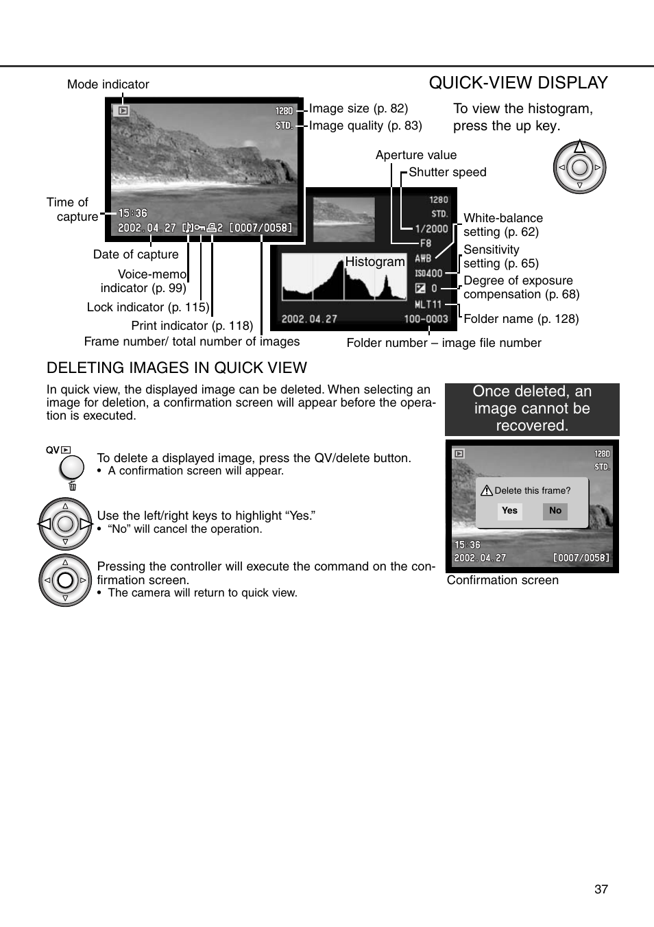 Quick view display deleting images in quick view, Quick-view display | Konica Minolta DiMAGE 7i User Manual | Page 37 / 164