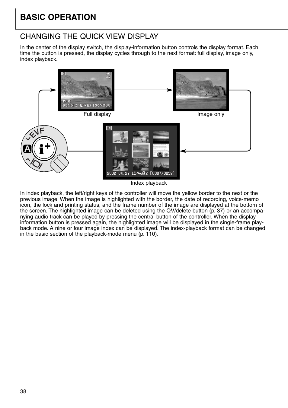 Changing the quick view display, Basic operation | Konica Minolta DiMAGE 7i User Manual | Page 38 / 164