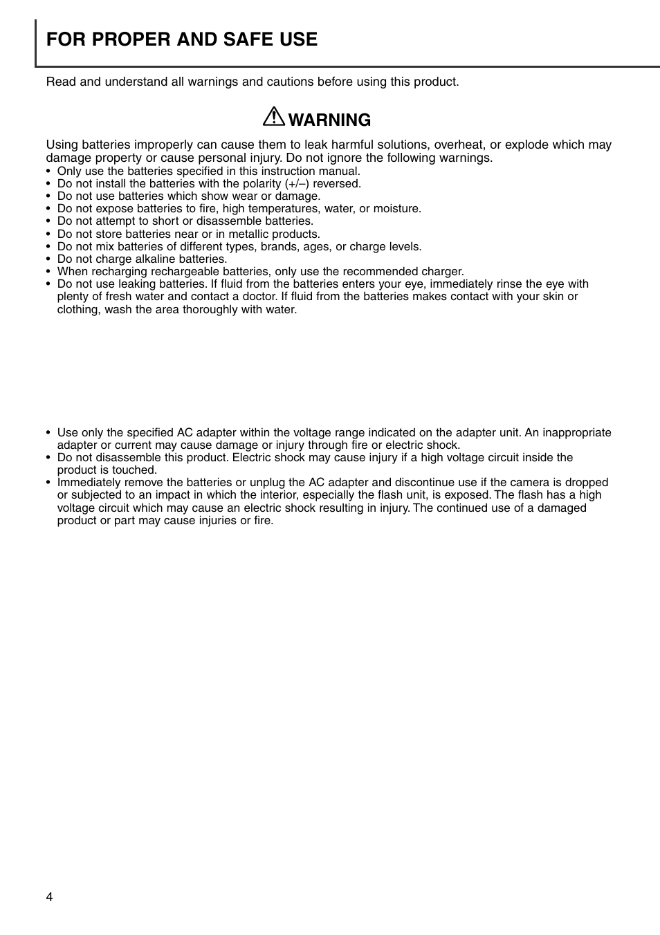For proper and safe use, Warning | Konica Minolta DiMAGE 7i User Manual | Page 4 / 164