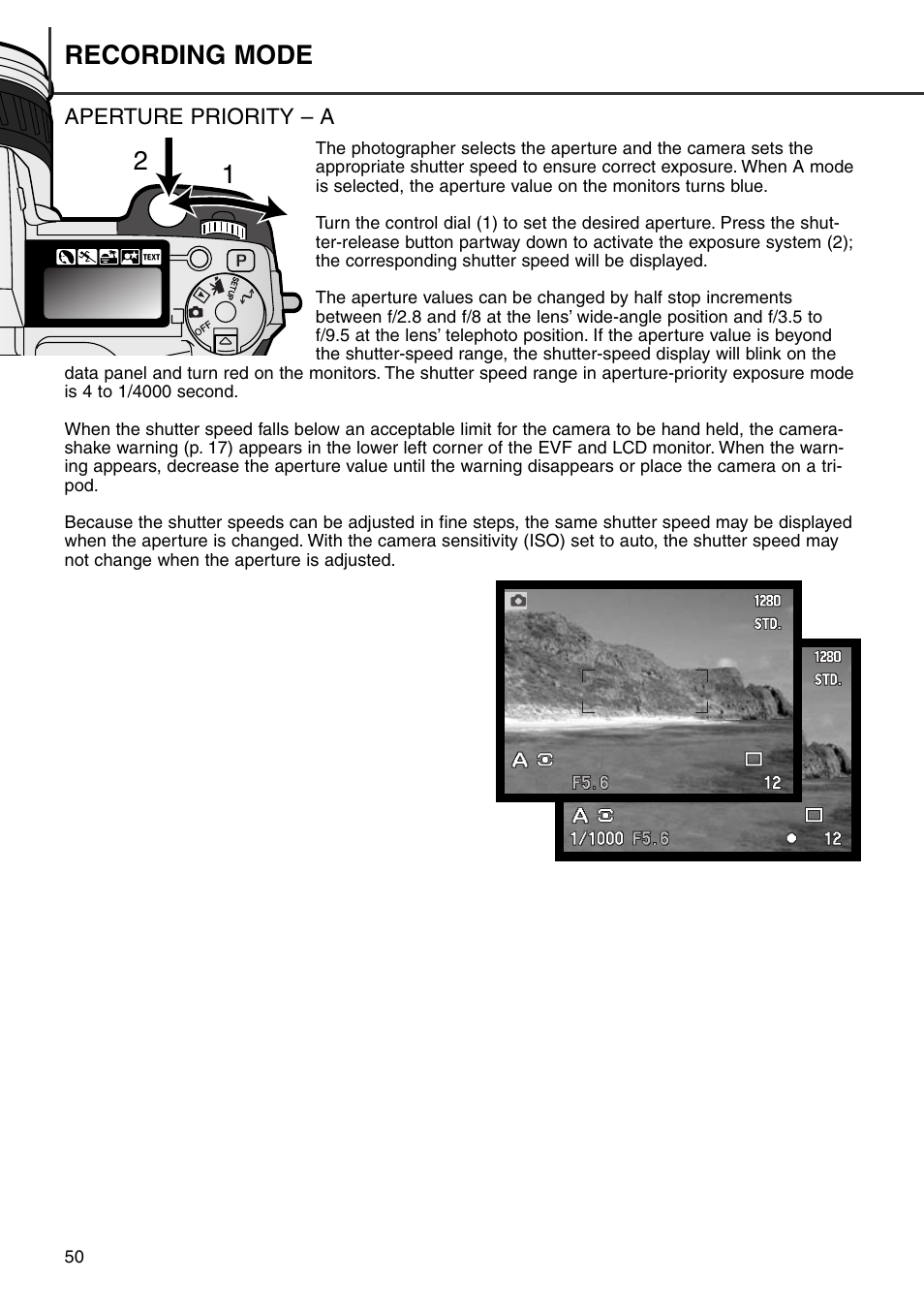 Aperture priority – a, 12 recording mode | Konica Minolta DiMAGE 7i User Manual | Page 50 / 164