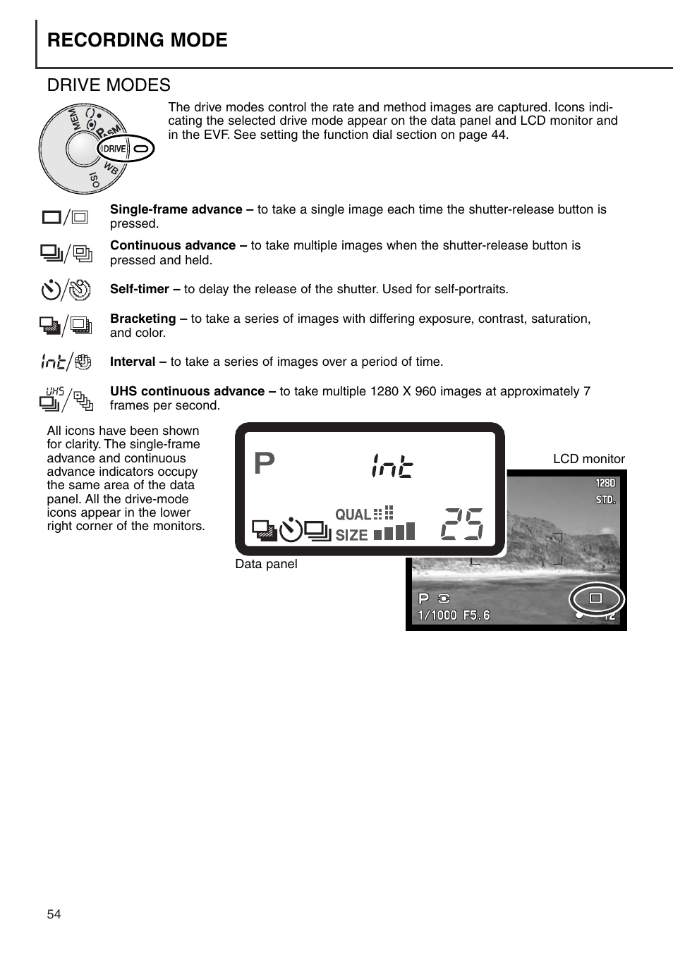 Drive modes, Recording mode | Konica Minolta DiMAGE 7i User Manual | Page 54 / 164