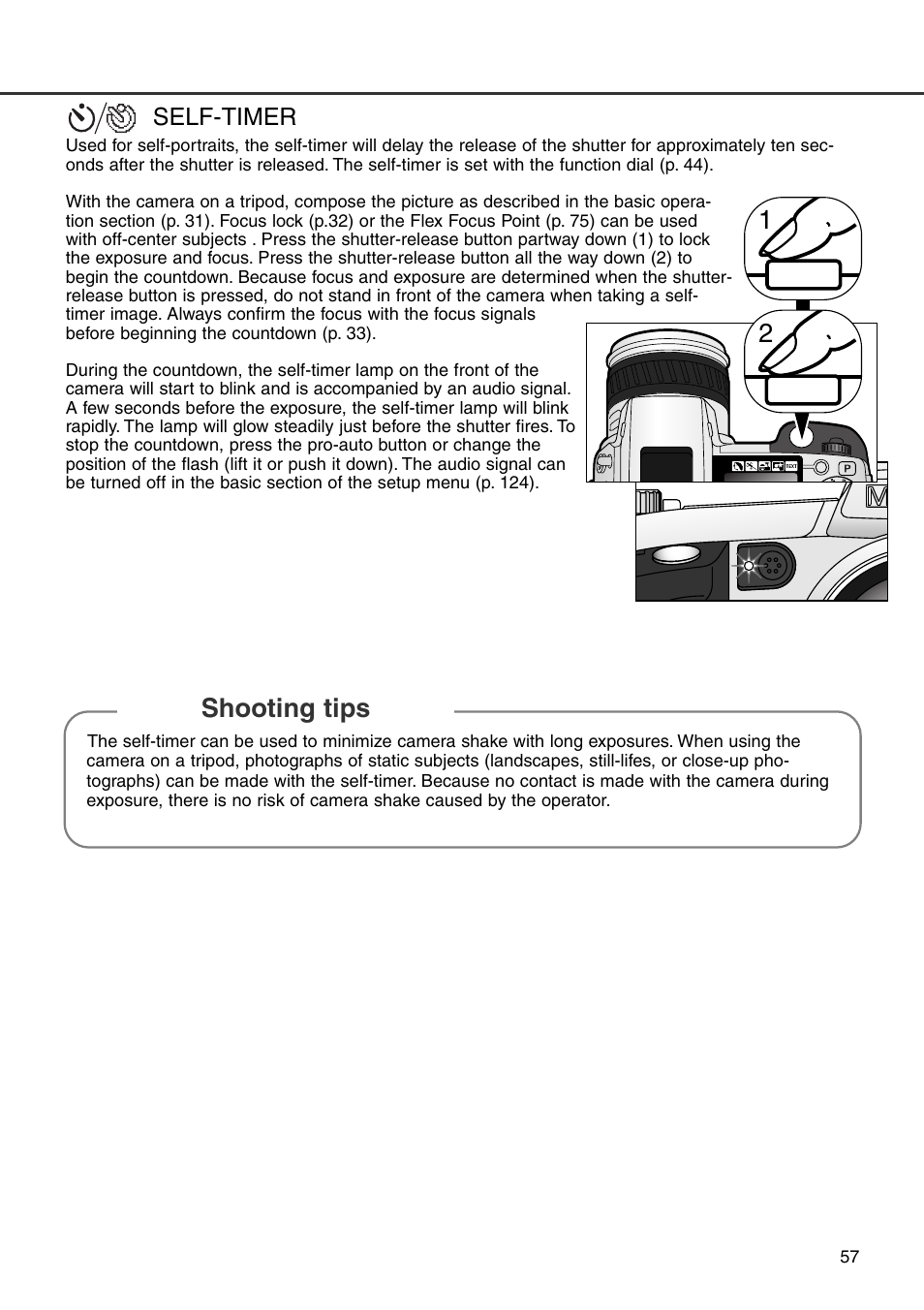 Self-timer, Shooting tips 1 2 | Konica Minolta DiMAGE 7i User Manual | Page 57 / 164