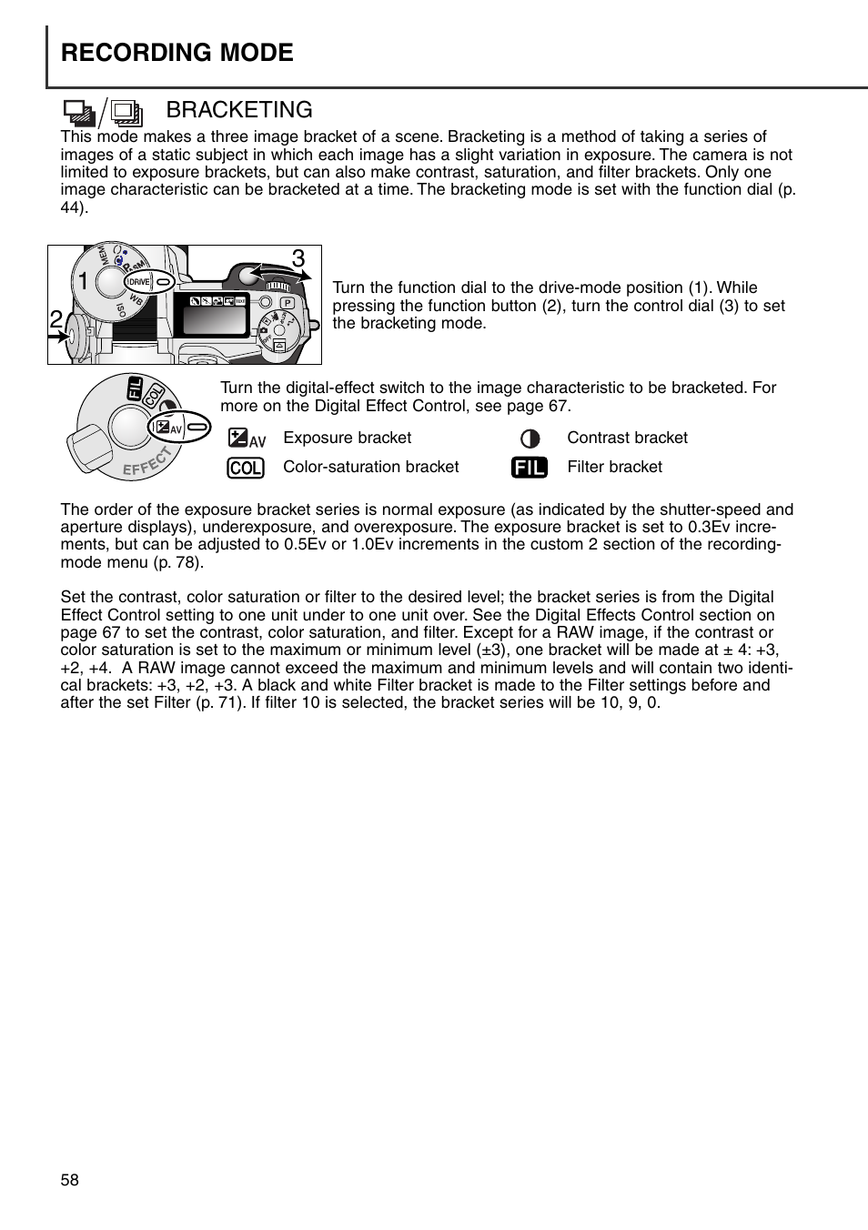 Bracketing, Recording mode | Konica Minolta DiMAGE 7i User Manual | Page 58 / 164