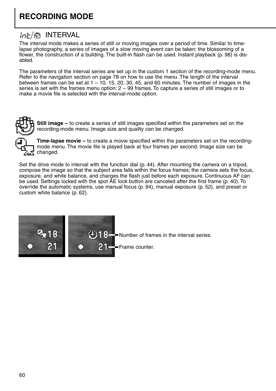 Interval, Recording mode | Konica Minolta DiMAGE 7i User Manual | Page 60 / 164