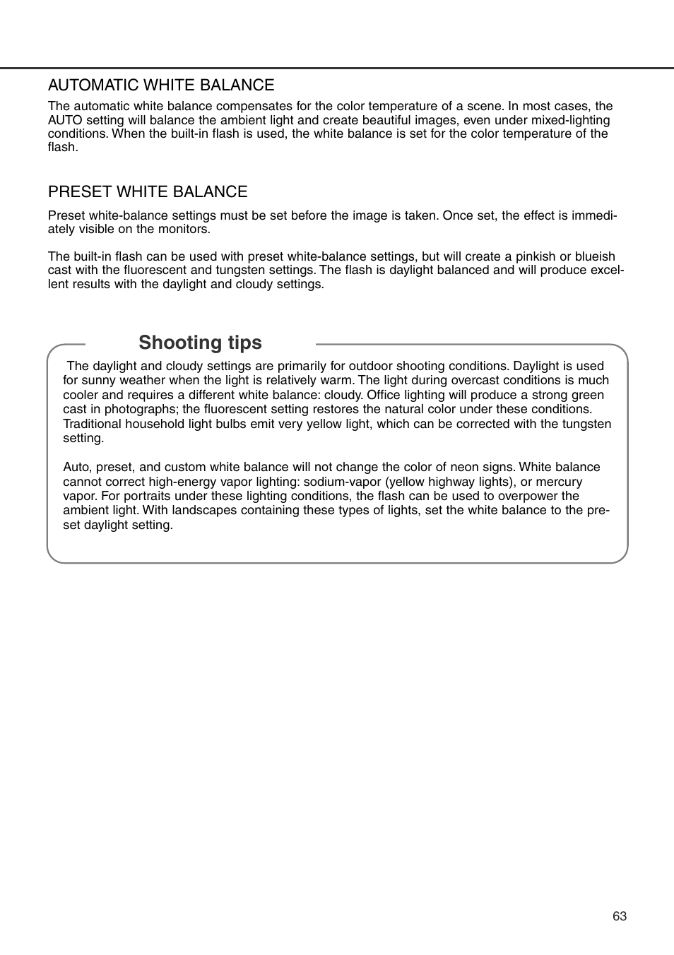 Automatic white balance preset white balance, Shooting tips | Konica Minolta DiMAGE 7i User Manual | Page 63 / 164