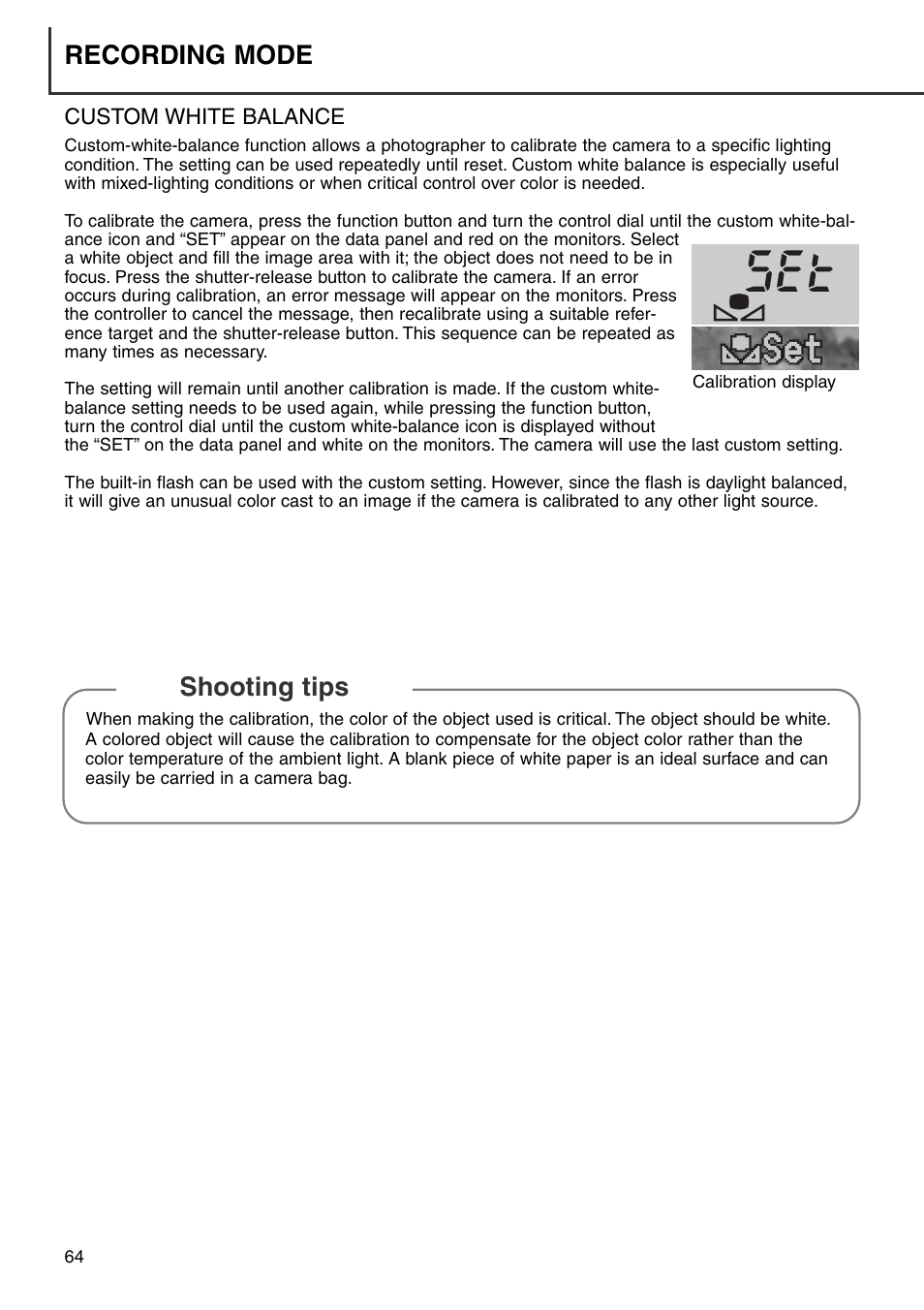 Custom white balance, Shooting tips recording mode | Konica Minolta DiMAGE 7i User Manual | Page 64 / 164