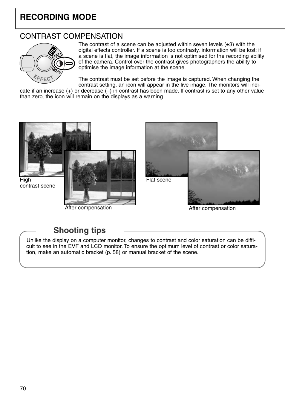 Contrast compensation, Recording mode, Shooting tips | Konica Minolta DiMAGE 7i User Manual | Page 70 / 164