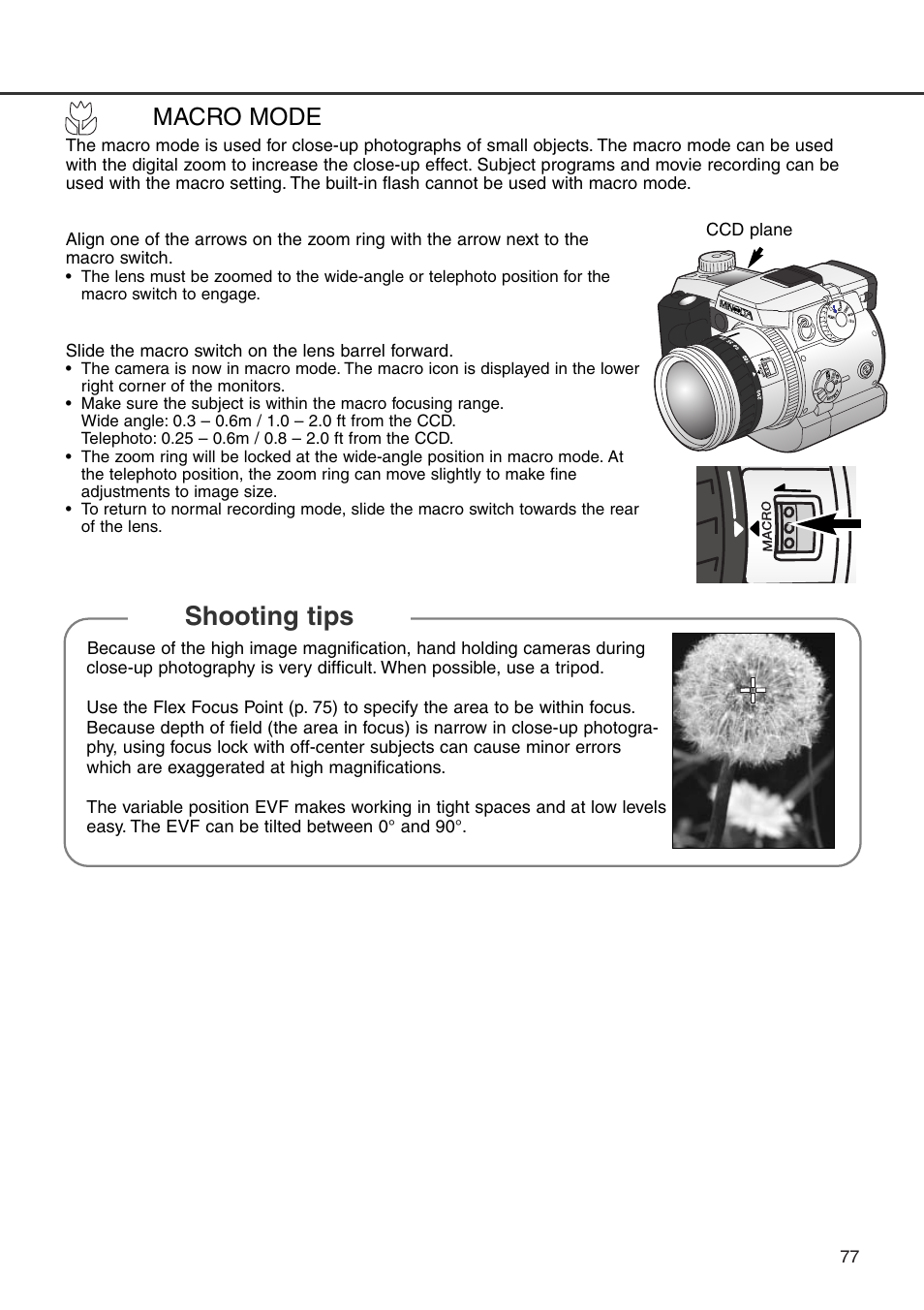 Macro mode, Shooting tips | Konica Minolta DiMAGE 7i User Manual | Page 77 / 164