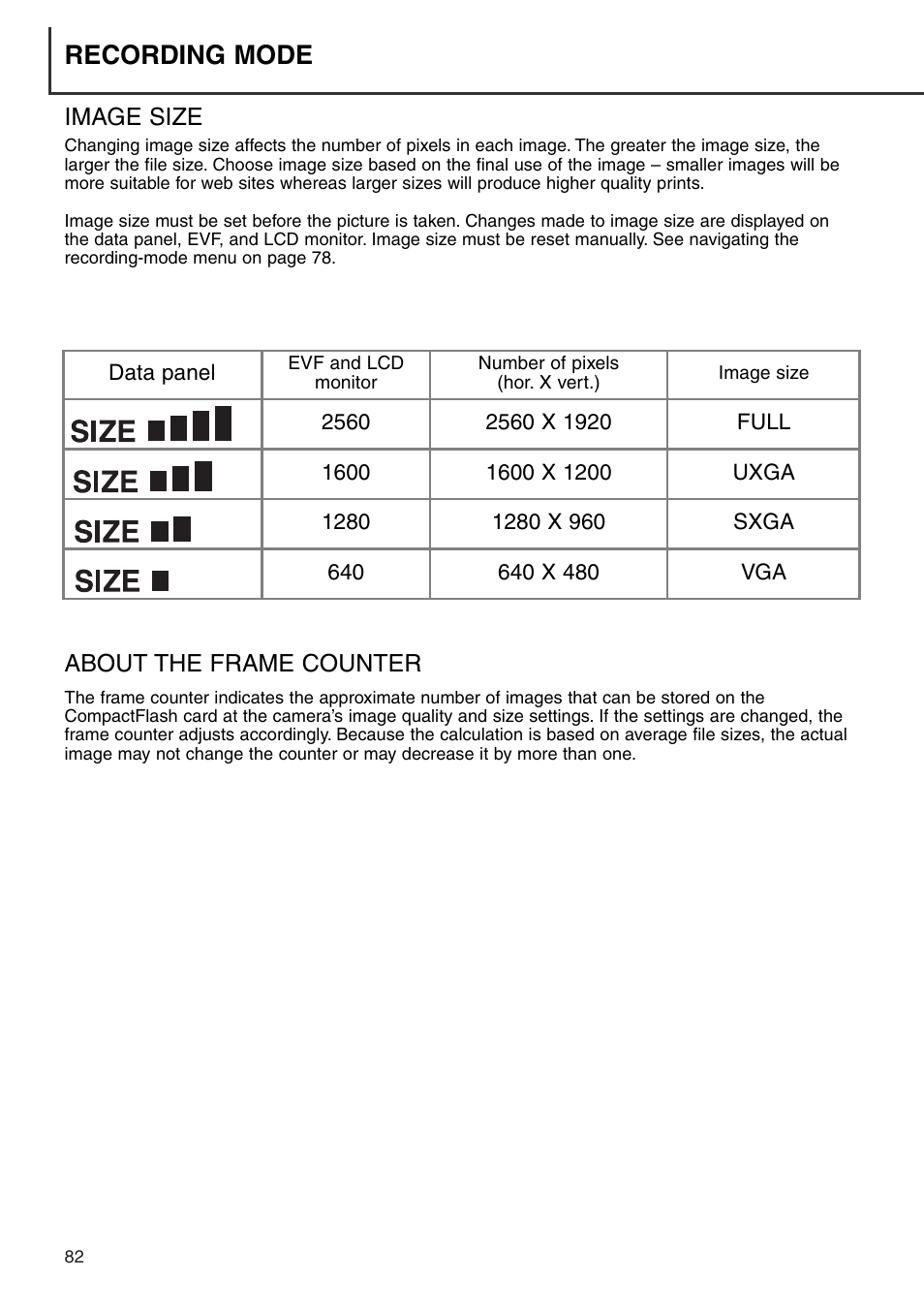 Image size about the frame counter, Recording mode | Konica Minolta DiMAGE 7i User Manual | Page 82 / 164