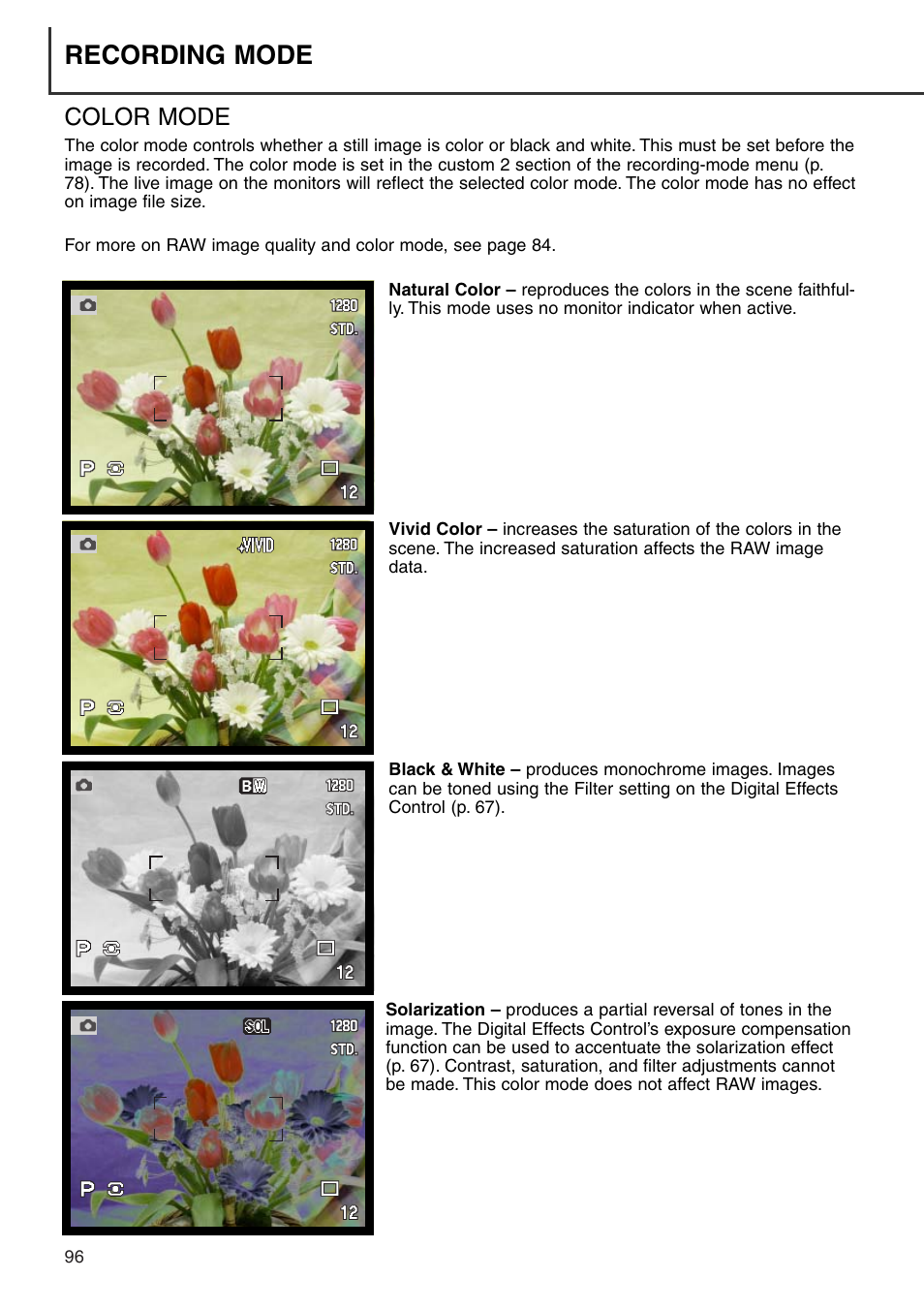 Color mode, Recording mode | Konica Minolta DiMAGE 7i User Manual | Page 96 / 164