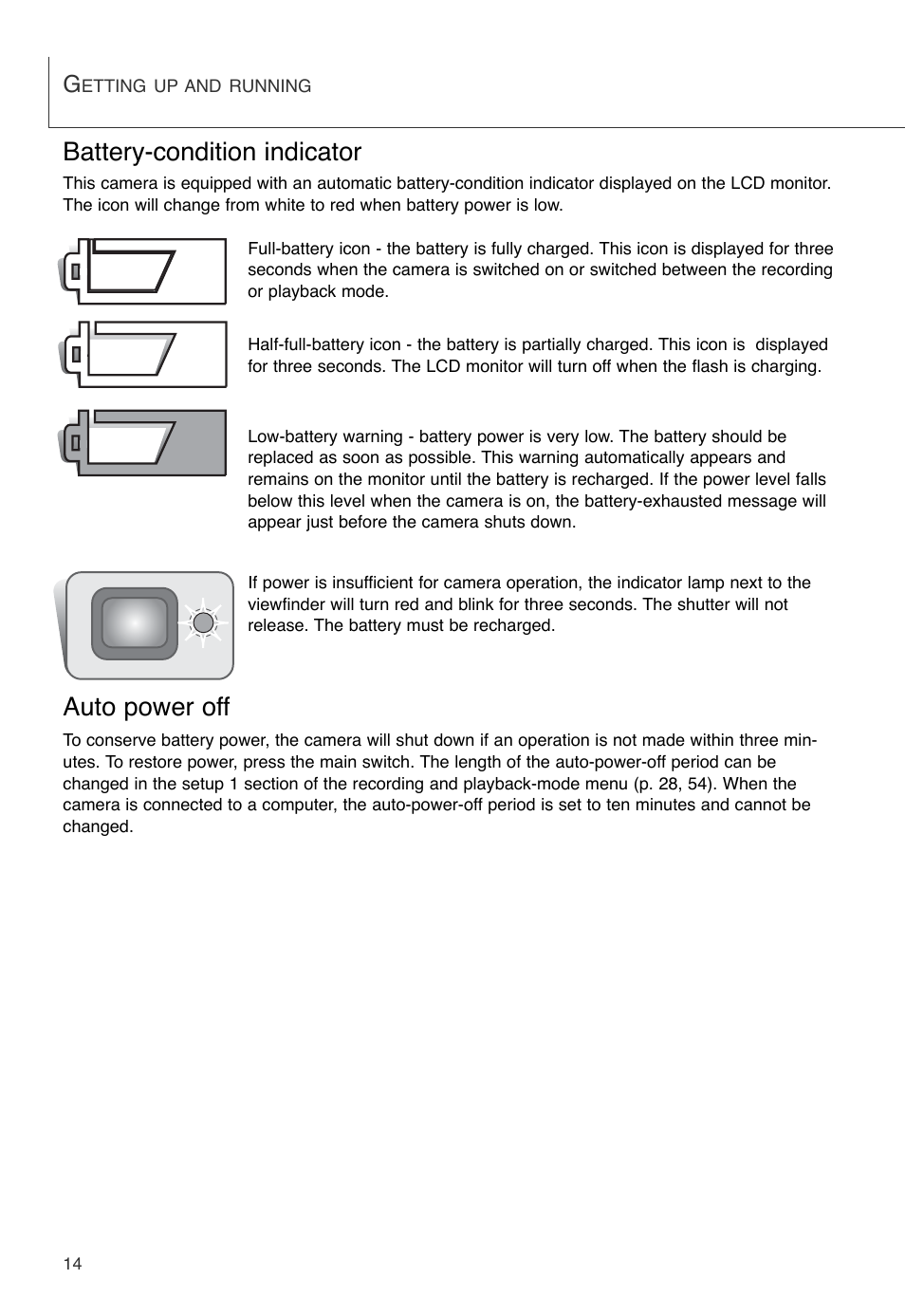 Battery-condition indicator auto power off, Battery-condition indicator, Auto power off | Konica Minolta DiMAGE X User Manual | Page 14 / 88