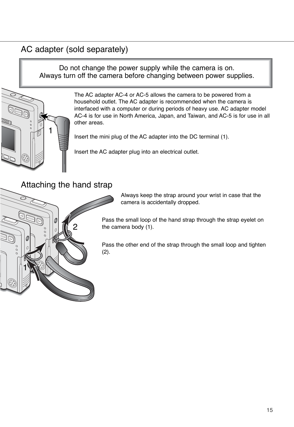 Ac adapter (sold separately), 12 1 attaching the hand strap | Konica Minolta DiMAGE X User Manual | Page 15 / 88