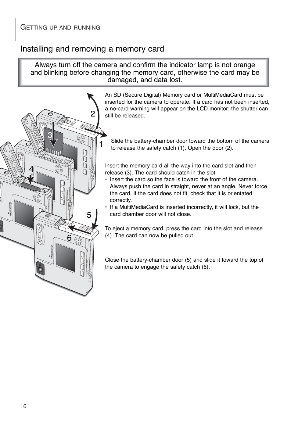 Installing and removing a memory card | Konica Minolta DiMAGE X User Manual | Page 16 / 88