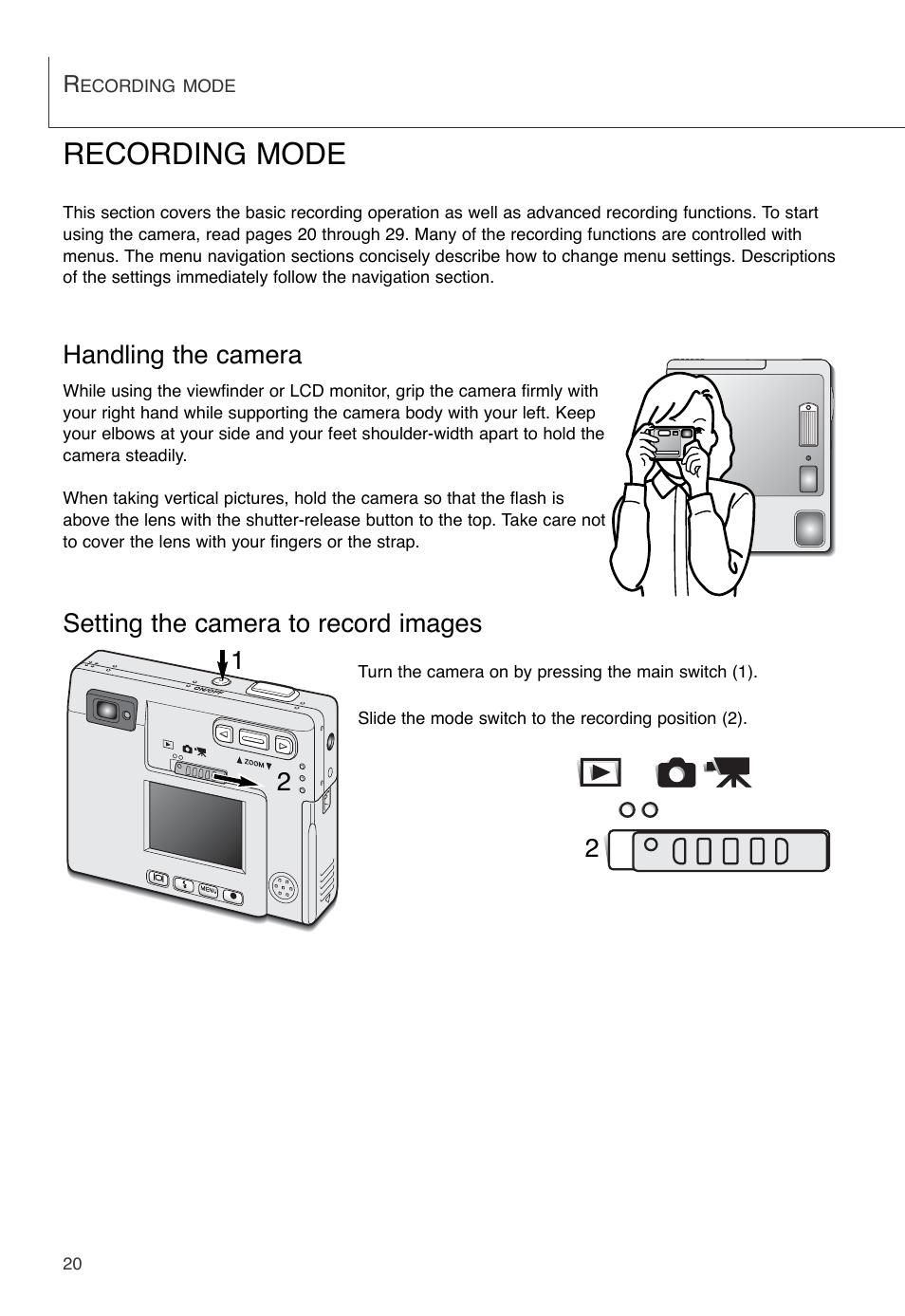 Recording mode, Handling the camera, Setting the camera to record images | Konica Minolta DiMAGE X User Manual | Page 20 / 88