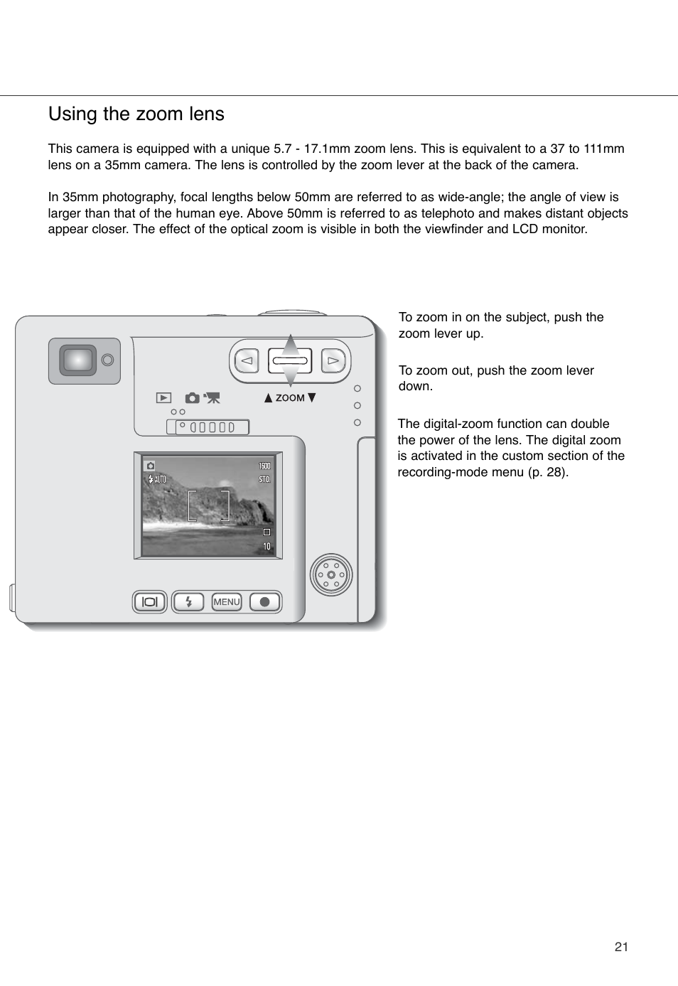 Using the zoom lens | Konica Minolta DiMAGE X User Manual | Page 21 / 88