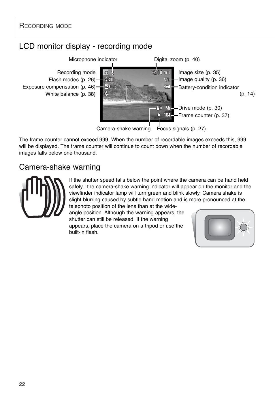 Lcd monitor display - recording mode, Camera-shake warning | Konica Minolta DiMAGE X User Manual | Page 22 / 88